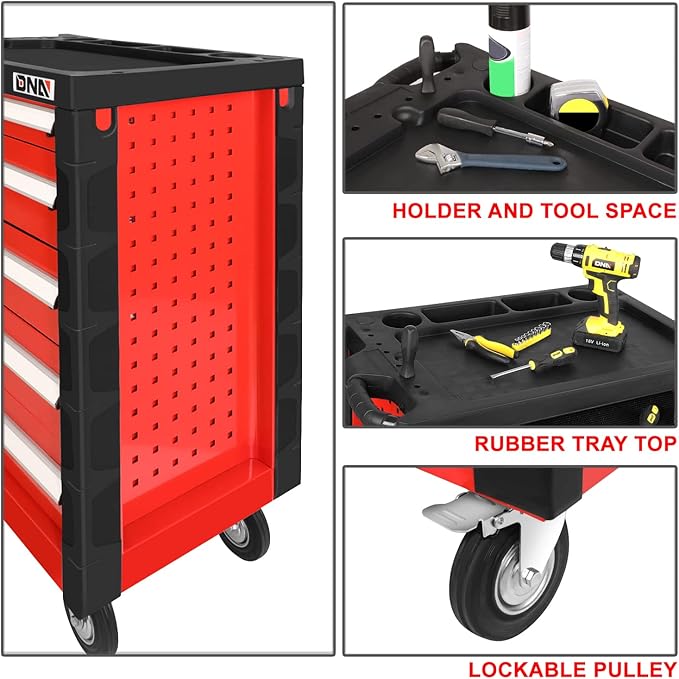 DNA MOTORING 5-Drawer Rolling Tools Chest, Rolling Tool Storage Cabinet, Mechanic Tool Cart, Trolley Organizer for Garage, Warehouse, Workshop, w/ Keys, Red, Upgrade Package, TOOLS-00001