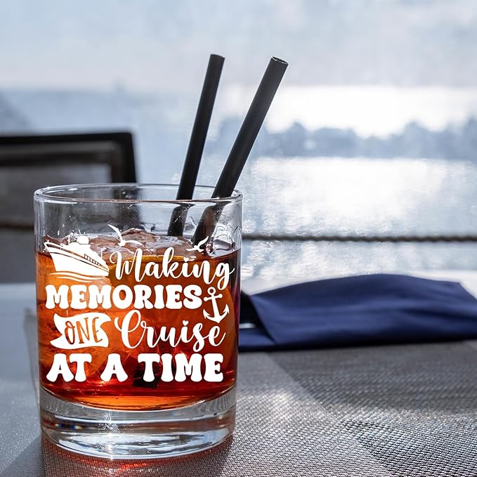 Cruise Lovers Gifts Old Fashioned Whiskey Glasses, Cruising Gifts for Traveller, Making Memories One Cruise at a Time 10 oz Rocks Barware Cup for Cocktail Drinks Scotch Bourbon Liquor