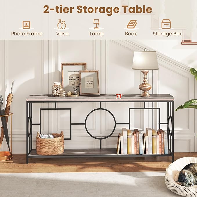 GOFLAME 71” Extra Long Console Table, 2-Tier Faux Wood Entryway Table with Storage Shelf, Geometric Metal Frame, Industrial Accent Table, Narrow Sofa Table for Living Room, Hallway