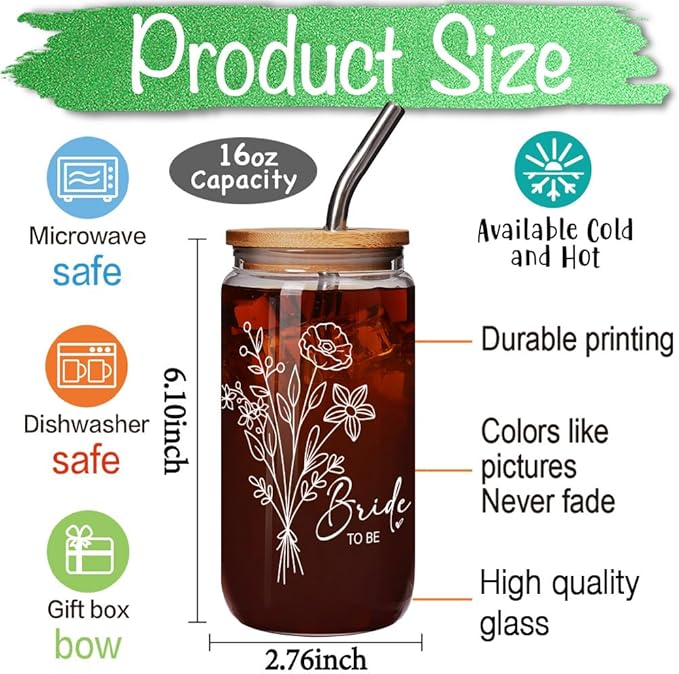 Engagement Glass Cup Gifts for Her, Bride to be Gifts, Bachelorette Glass Cup Gifts for Bride, Bridal Shower Gifts, Wedding Shower Gifts, Bridal Party Gifts, Fiance Gifts for Her Glass Cup 16Oz