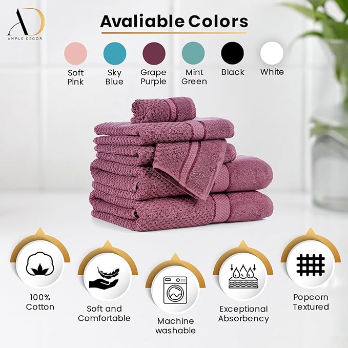 Ample Decor Bathroom Hand Towel 18 X 28 Inch 600 GSM 100% Cotton - Popcorn Textured Towel - 6Pcs Grape Purple