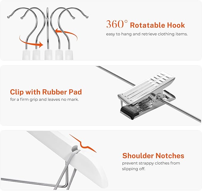 HOUSE DAY Wooden Hangers with Clips 24 Pack, Heavy Duty White Wood Pants Hanger, Premium Skirt Hanger with Adjustable Clips, Solid Clip Hangers for Suit, Blouse, Dress, Coat, Jacket, Bottom