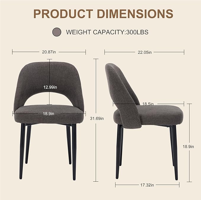 Modern Dining Chairs, Fabric Upholstered Accent Kitchen Chairs with Comfy Padded Seat & Sturdy Metal Legs, Side Farmhouse Chairs for Dining Room, Living Room, Restaurant (Brown, Set of 6)