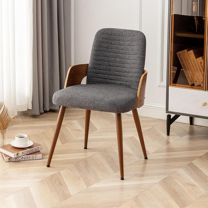 Dining Room Chairs Set of 2,Mid Century Modern Kitchen Chairs,Upholstered Accent Chairs,Metal Legs Wooden Desk Chairs,Armless and No Wheels for Kitchen Dining Living Room,Gray Fabric