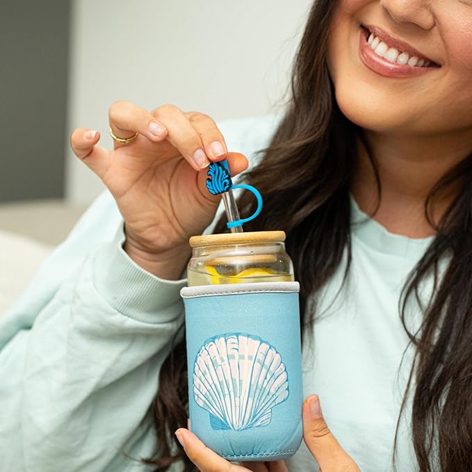 Ocean Gifts for Women - Glass Tumbler with Lid and Straw, Customized Straw Stopper and Cup Sleeve, Aesthetic Unique Design Iced Coffee Gift Cup for Mom, Teacher, Friend