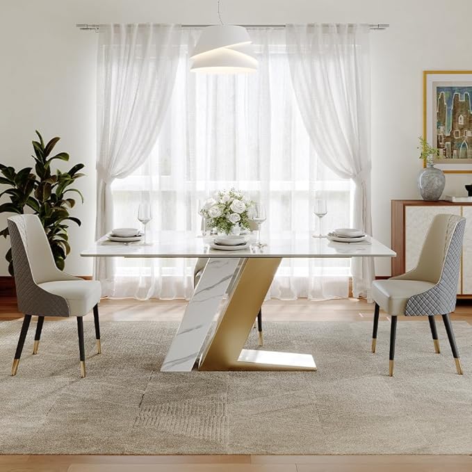 POVISON 71" Modern Dining Table for 6, Luxury Rectangle Dining Table Sintered Stone Dining Tabletop with Z-Shaped Stainless Steel Pedestal for Dining Room, Living Room (Table Only)