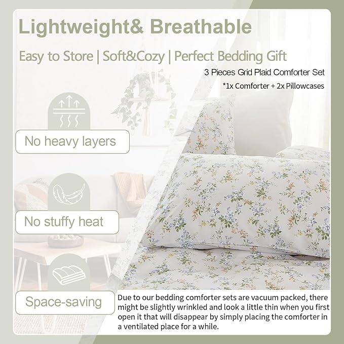 EAVD Vintage Style Garden Floral Comforter Set King Soft Microfiber Chic Shabby Green Leaves Colorful Floral Bedding Set with 2 Pillowcases Fresh Botanical Comforter Set for All-Season