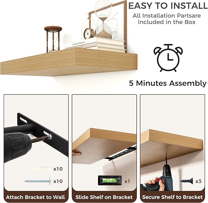 Floating Shelves for Wall, 36 Inch Wide x 12 Inch Deep Floating Shelves, Long Wood Floating Wall Shelf Shelves for Living Room Bathroom Bedroom Kitchen Home - (Oak, 36" W x 12" D x 2" H)