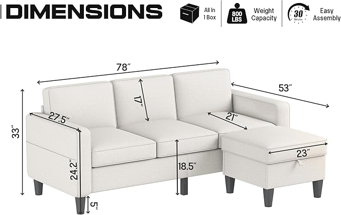 ZeeFu Couch for Living Room - 78'' Beige Linen 3 Seat L-Shaped Sectional Sofa Couches with Storage Ottoman - Modern Small Space Upholstered Furniture Sofa Set for Office Small Space Apartment Bedroom