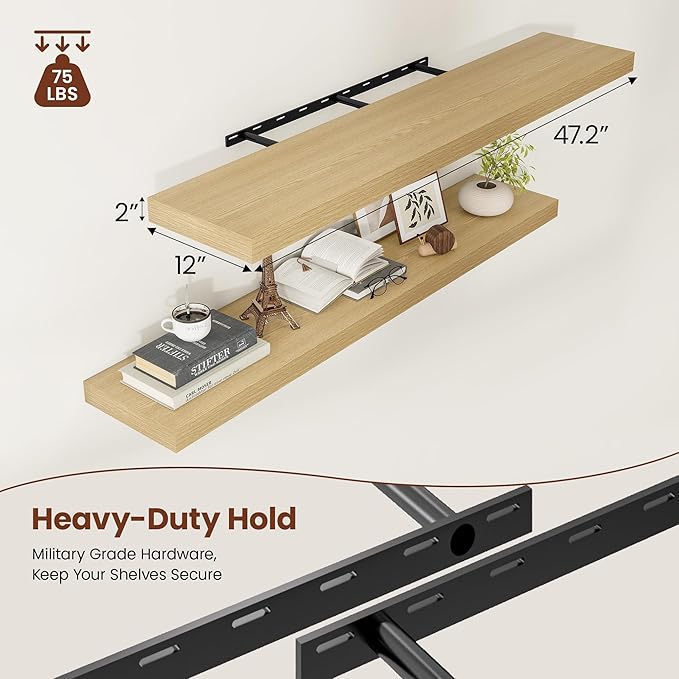 Vivelove 12 Inch Deep Floating Shelves 47.2 inch Long, 2 Inch Thick Wall Shelves with Invisible Brackets, Shelf for Bedroom Bathroom Living Room Kitchen Office Home Decor, Modern Shelf Set of 2, Oak