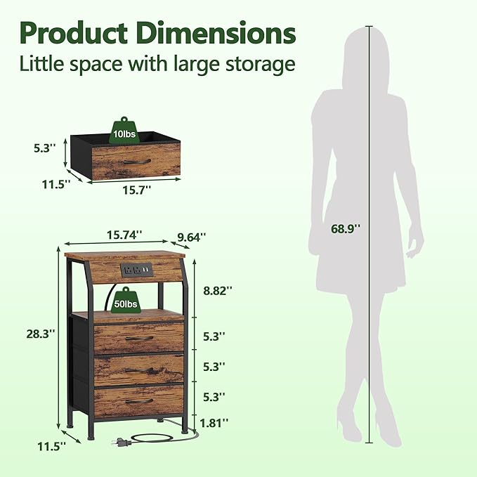 Furnulem Night Stand with Charging Station, USB Ports and Outlets, 28.3 Inch Tall Bedside Table with Wood Shelf, 3 Fabric Drawers Side Table for Bedroom, 3 Ways to Use, Rustic Brown