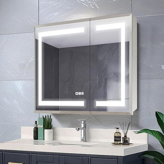 GroGro LED Lighted Bathroom Medicine Cabinet with Mirror, 36" W x 24" H Beveled Edge Medicine Cabinet with Lights,Surface or Recessed Mounting,Defog,Dimming,3-Color Temperature Adjustment