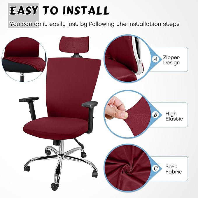 Lounsweer 3 Pieces Office Chair Cover Rolling Desk Chair Cover Gaming Covers Stretch Washable Protector Pets Slipcovers for Swivel Armchair Boss(Classic,Wine Red)