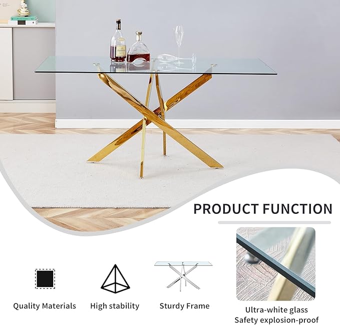 Goujxcy 51" Glass Dining Table Set for 4, Modern Kitchen Table and Chairs Set w/Steel Legs, 5-Piece Dining Table Set w/Glass Gold Dining Table and 4 Blue Velvet Chairs for Kitchen Dining Room