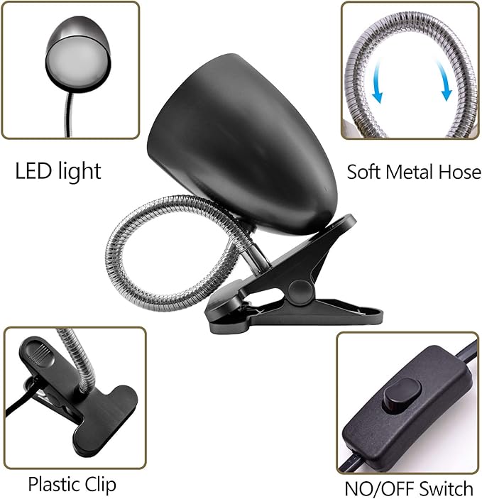 Clip on Light for Bed, Non-Dimmable Clip on Reading Light for Bed, 4000K Cool White, 3.5W 240 LM Desk lamp with clamp, Eye Protection, ETL Listed, Black