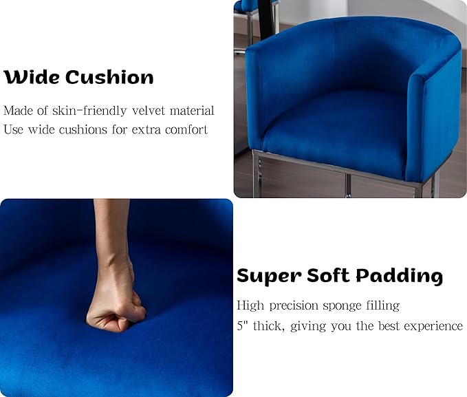 Velvet Dining Chairs Modern Barrel Arm Chairs with Chrome Metal Frame, Upholstered Kitchen Chairs 18.5" Wide Accent Chair for Living Room Dining Room Restaurant, Blue