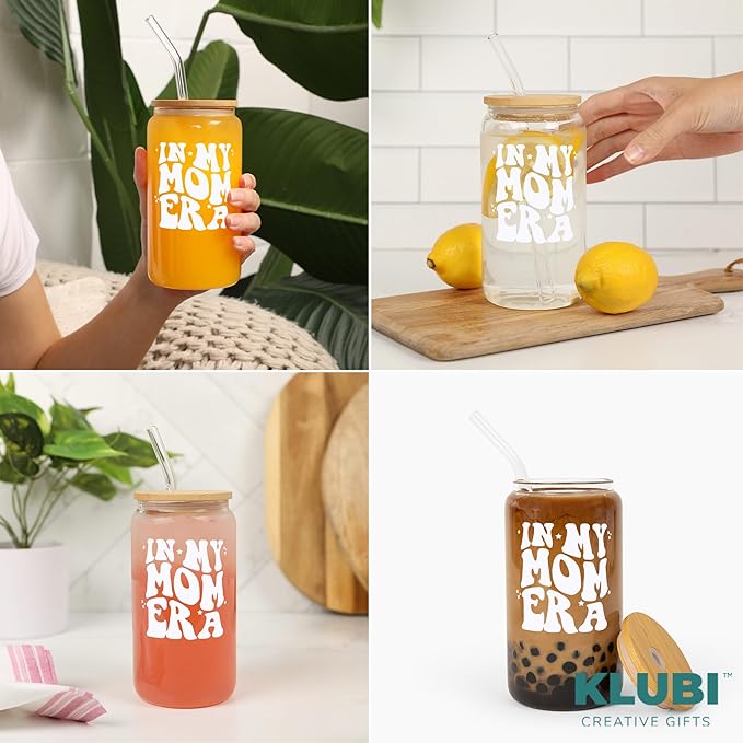 KLUBI In My Mom Era Cup 16 Ounce Mug - Gifts for New Mom Glass Jar with Straw Cups Birthday Gifts for Mother Birthday Gift for New Mothers Presents for Mama Gift