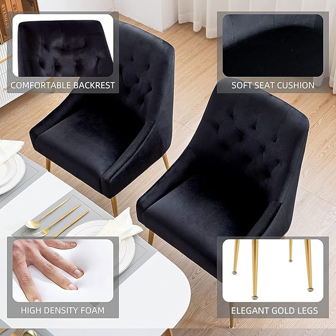 Modern Dining Chair Set of 4, Mid-Century Room Chair, Upholstered Comfortable Velvet with Back Pull Rod and Metal Legs for Kitchen, Dining, Living (Black), (DYXSD)