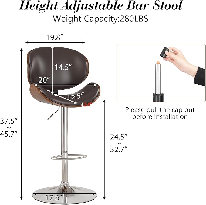 KCC Bar Stools Set of 4, Swivel Adjustable Height Barstools, PU Leather Upholstered Bar Chairs with Footrest, Bentwood Bar Stool for Kitchen, Bar, Dining Room(Brown PU)