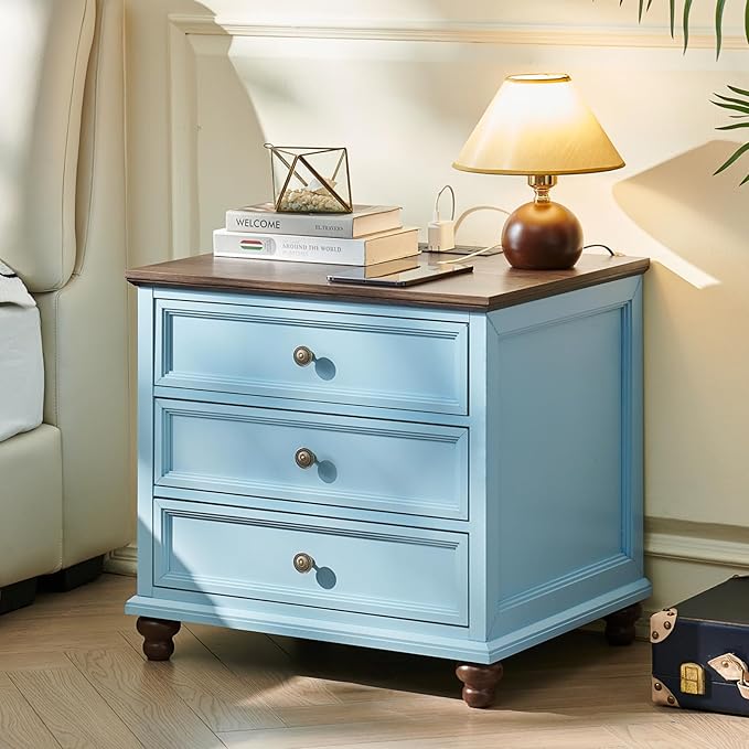 24" Wide Farmhouse Nightstand Set of 2, 54" 7 Drawers Dresser, 37" Tall Rustic Chests of Drawers w/ 4 Solid Wood Feet, Farmhouse Furniture Series for Living Room,Bedroom,LightBlue