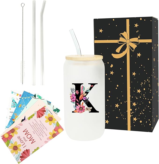 Monogrammed Glass Drinking Cup With Lid Straw Personalized Customized Post Cards Mother Day Best Mama Mom Ever from Daughter Son Christmas Xmas Valentines Birthday Groom Gifts Bride Mother In Law,K
