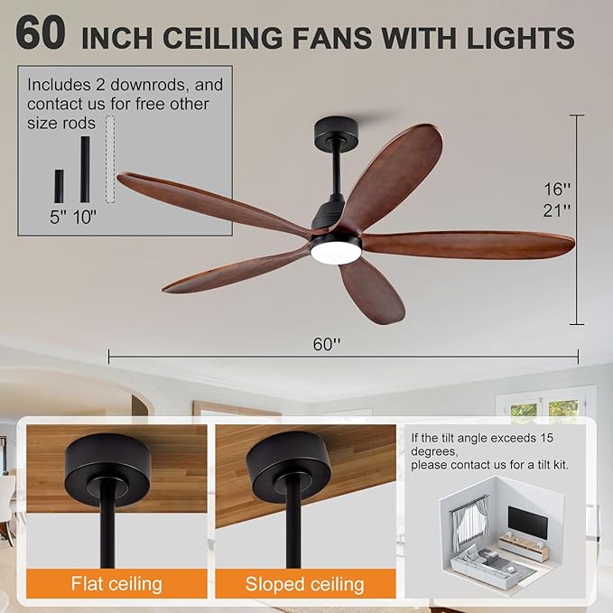 60 Inch Wood Ceiling Fans with Lights and Remote, Modern Outdoor Ceiling Fan with Light for Patio, Dimmable, 5 Blades, Wall Switch, Reversible DC Motor, Memory Function