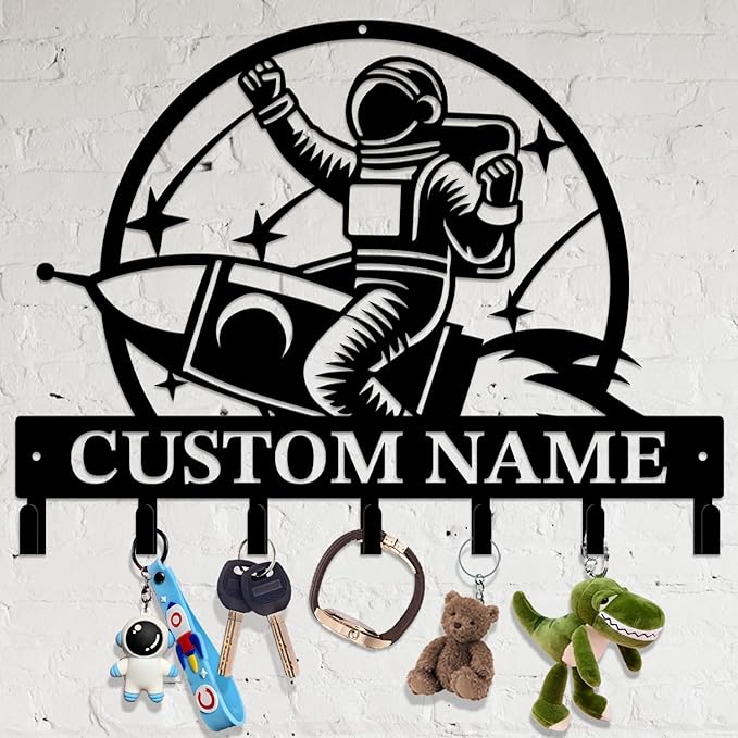 Personalized Custom Astronaut UFO Metal Wall Keys Hooks,Clothes Hooks Astronaut Art coat racks,door holder,Black Astronaut decorations for home,Entrance doors,Hallway, Bedroom,Keys,Hats (Style D)