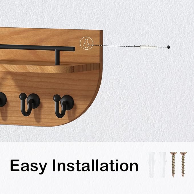 Modern Decorative Key and Mail Holder with 2 Floating Shelves, Wood Wall Mounted Key Organizer with 3 Metal Hooks for Home Entryway, Brown