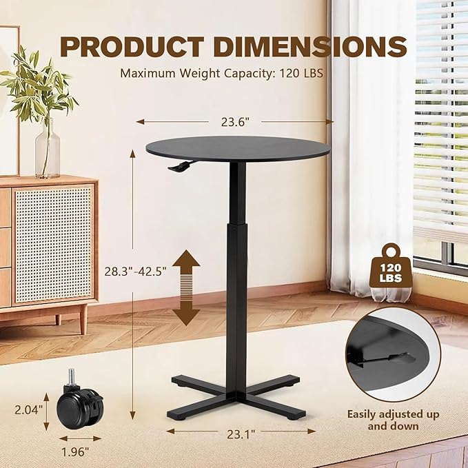 Round Cocktail Bar Table,Height-Adjustable Round Pub Table 23.8 Inches with Removable Wheel & Interchangeable Feet, Dual-Use for Kitchen, Coffee Bar, Pub,Home or Dining,Black