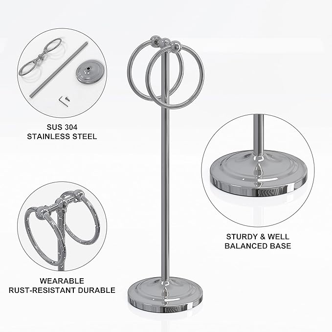 BGL Fingertip Towel Holder Stand Hand Towel Ring for Bathroom or Kitchen Vanity Countertops to Store Hand Towels Washcloths or dishcloths - 2 Hanging Rings，17" High-Chrome
