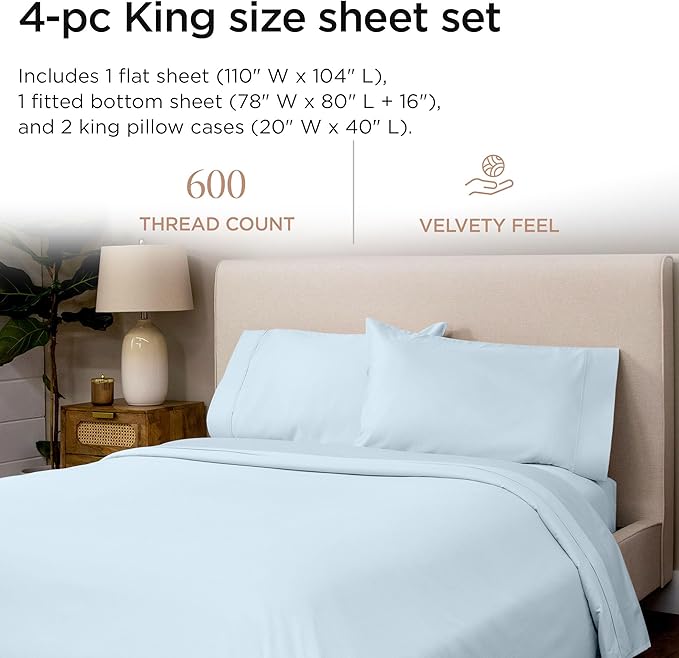Threadmill 100% Cotton Sheets for King Size Bed - 600 Thread Count King Bed Sheets Set with 16” Deep Pocket - Sateen Weave 4-Piece Bedding Set with Cooling Effect, Blue