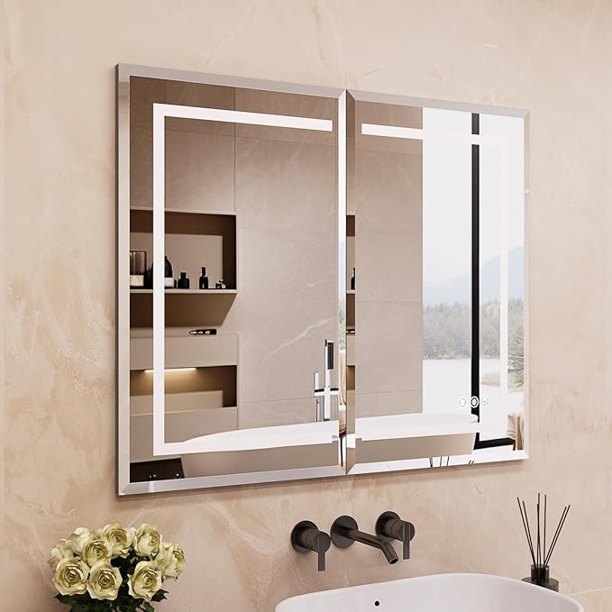 36X30 Inch Black Lighted Medicine Cabinet with Mirror, Recessed or Wall Mounted Bathroom Medicine Cabinet Mirror with Adjustable Frontlit & Brightness, LED Mirror Cabinet with Double Door