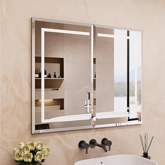 36X30 Inch Black Lighted Medicine Cabinet with Mirror, Recessed or Wall Mounted Bathroom Medicine Cabinet Mirror with Adjustable Frontlit & Brightness, LED Mirror Cabinet with Double Door