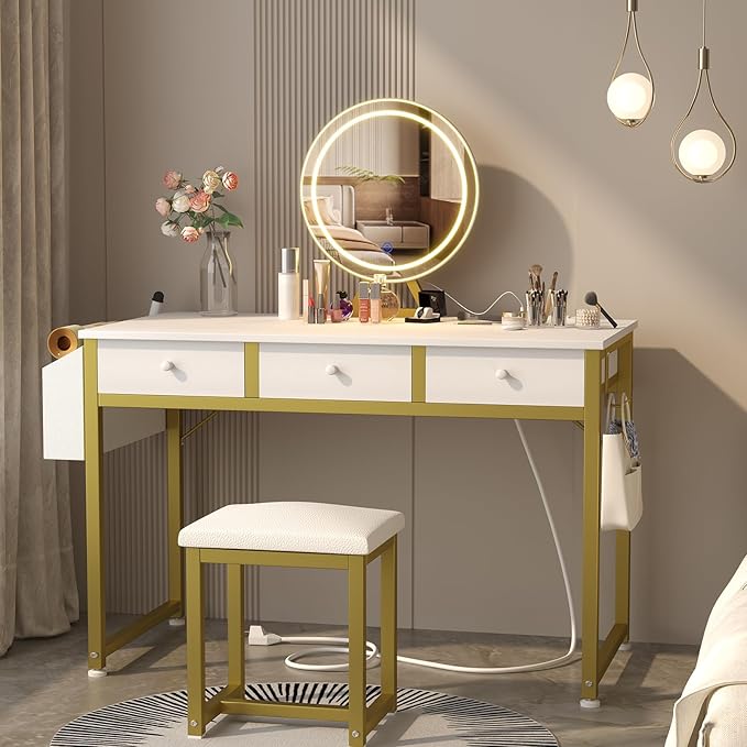 Lufeiya White Makeup Vanity Desk with Mirror and Lights, 40 inch Make Up Vanity Desks with Fabric Drawers & Charging Station, Dressing Table and Chair Set for Bedroom Girls, White Gold