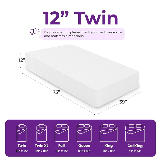 GAESTE 12 Inch Twin Cooling Gel Memory Foam Mattress Medium Firm for Cool Sleep Pressure Relieving CertiPUR-US Certified Foam, Convenient Mattress in a Box Fiberglass Free (Twin, 12 in)