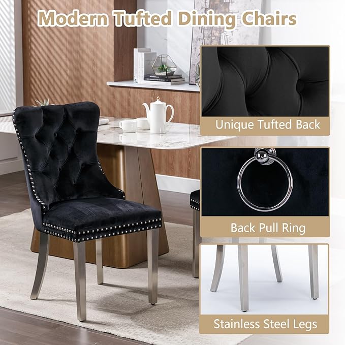 Goujxcy 5 Piece Round Glass Dining Table Set for 4, 47" Round Dining Table & Chair Set Modern Circle Glass Kitchen Table and 4 Velvet Upholstered Chairs for Kitchen Dining (Silver Table & Black Chair)