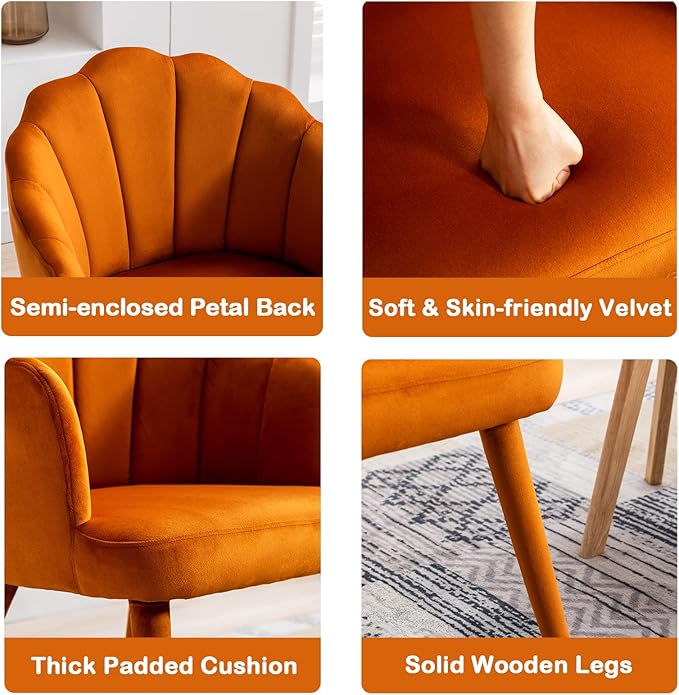 Velvet Dining Chairs Set of 4 Modern Living Room Chairs with Petal Back & Wood Legs Comfy Upholstered Side Chair for Dining Room/Bedroom/Vanity, Orange
