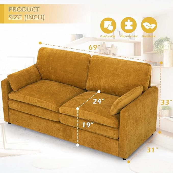 69” Chenille Loveseat Sofa w/Arm Pillows, Upholstered 2-Seater Sofa w/Comfortable Back Cushions, Modern 2 Seats Couch w/High-Density Foam for Living Room, Apartment, Office, Yellow