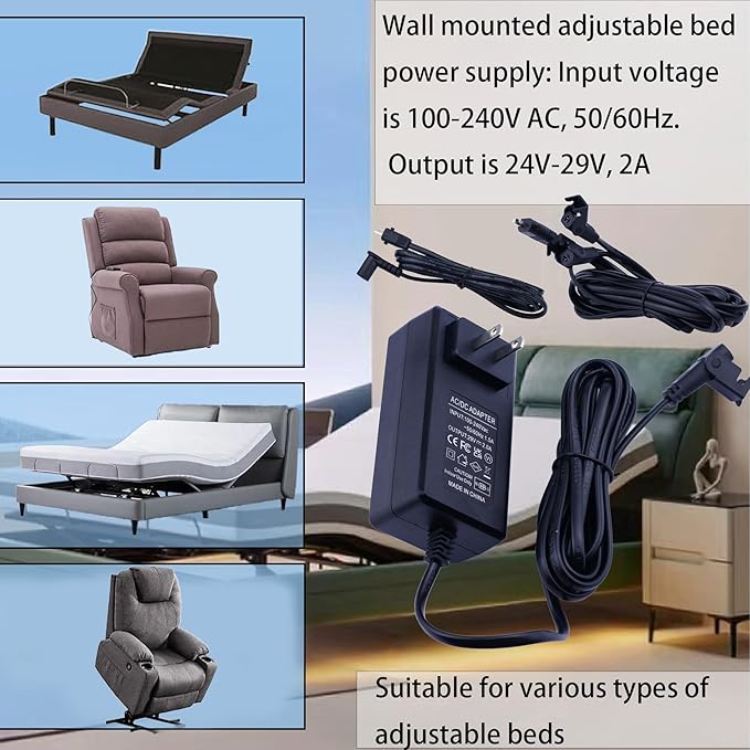 Universal Recliner Power Supply, AC/DC Power Adapter， 29V 2A 2-Pin Adapter 100-240V Wall Plug-in Recline Adapter for Electric Recliner/Sofa/Couch/Lift Chair/Standing Desk Compatible