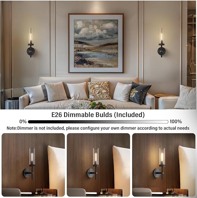 14" Bathroom Vanity Wall Sconces,Matt Black Wall Sconces Set of Two,Glass Tube Sconces Wall Lighting Indoors,Wall Lights for Mirror, Living Room, Bedroom, Hallway
