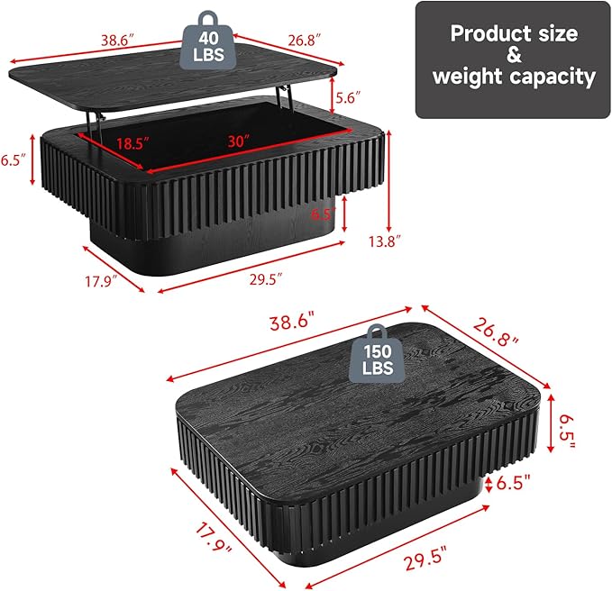 Lift Top Coffee Table for Living Room,Rectangle Handmade Solid Wood Strips, Fluted Coffee Table with Hidden Storage Compartment for Small Space Office Apartment (38.6"L×26.8''W×13.8''H-Black)