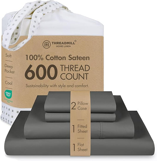 Threadmill 100% Cotton Sheets for Full Size Bed - 600 Thread Count Full Bed Sheets Set with 16” Deep Pocket - Sateen Weave 4-Piece Bedding Set with Cooling Effect, Dark Grey