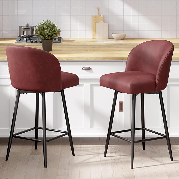 Counter Height Bar Stools Set of 4,360° Swivel Barstools with High Back and Metal Legs,26" Seat Height, Upholstered PU Leather Bar Chairs for Kitchen Island, Dining Room,Cafes,Red