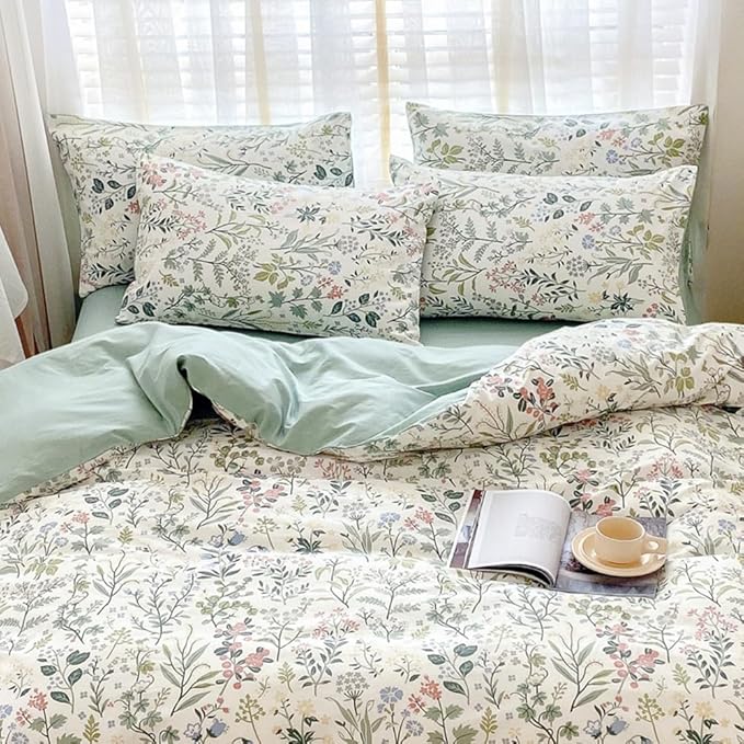 LifeTB Botanical Flower Duvet Cover Twin XL Sage Green Floral Duvet Cover 100% Cotton Wildflower Plants Pattern Floral Comforter Cover with 2 Pillowcases Girl Teen Vintage Floral Bedding Set Twin XL