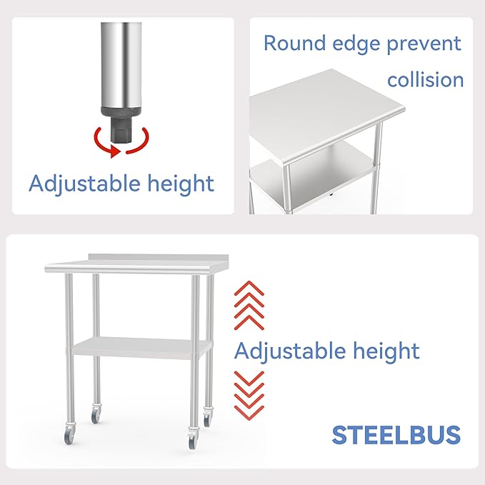 24x36 Inch Stainless Steel Work Table with Backsplash, Double Undershelves and Casters, Commercial Prep Table, Heavy Duty Kitchen Workbench, NSF Certified, Rust & Scratch Resistant