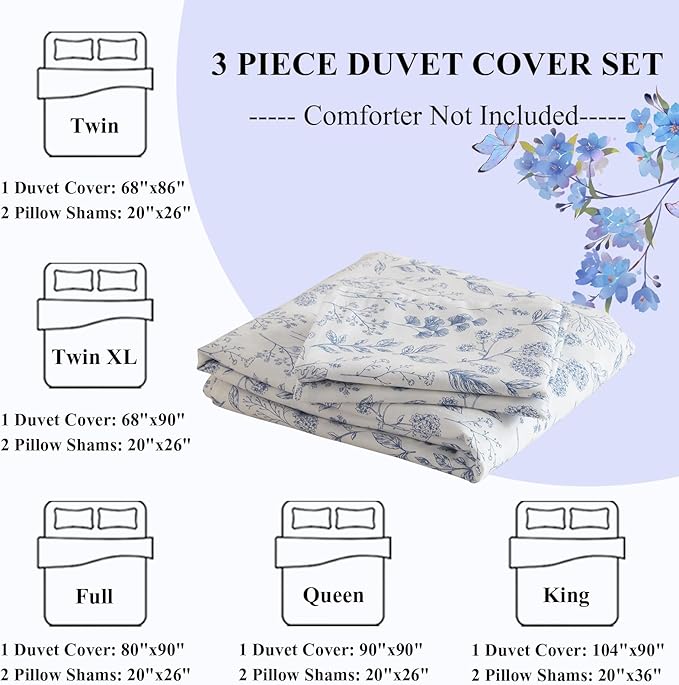 LifeTB Vintage Style Cotton Floral Duvet Cover Queen Boho Blue Floral Bedding Sets Chic Shabby Aesthetic Floral Comforter Cover Soft Botanical Bedding Sets 1 Queen Duvet Cover 2 Pillow Shams