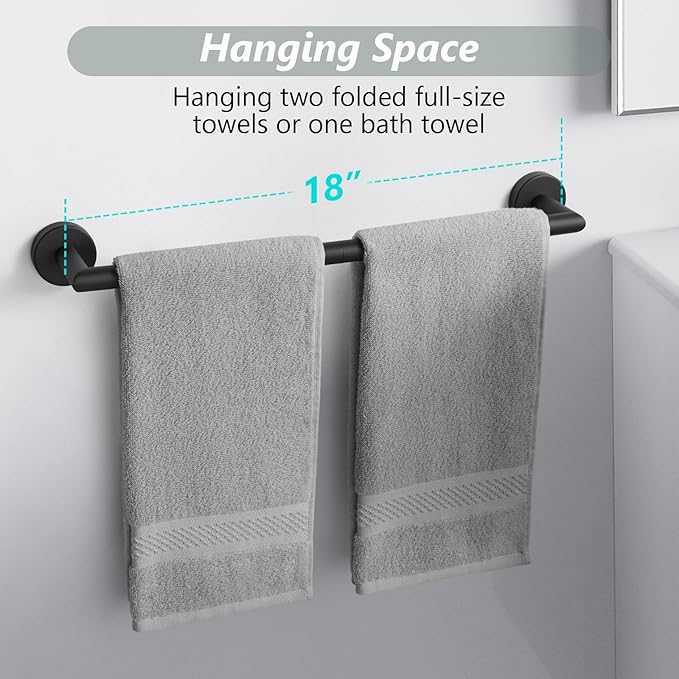 Black Towel Bar 18 Inch Bathroom Towel Racks Wall Mounted Bath Towel Holder Modern Home Decor Towel Rod Bath Towel Hanger Stainless Steel Bathroom Accessories Towel Rail Single Towel Bars Matte Black