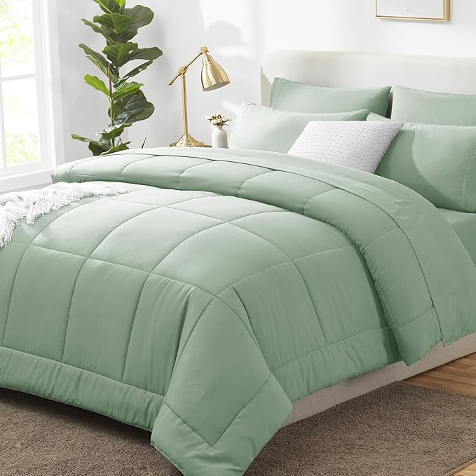 CozyLux Twin Comforter Set with Sheets Sage Green, 5 Pieces Bed in a Bag, Green Comforter Twin Size, All Season Bedding Set with Stitch Quilted Comforter, Flat Sheet, Fitted Sheet, Pillowcases