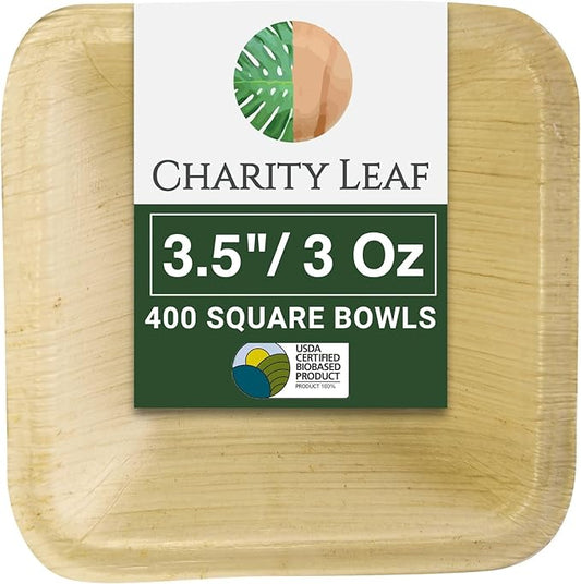 Charity Leaf Disposable Palm Leaf 3.5" Square Mini Bowl (400 pcs) Dipping Bowls | Bamboo Like| All Natural and Biodegradable | Charcuterie Boards, BBQs, and Parties