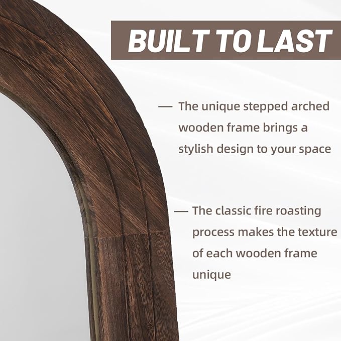 Arched Full Length Mirror with Solid Wood Frame, 65x22 Farmhouse Wall Mounted Floor Mirror with Stand, Vertical Hanging, Leaning Standing for Bedroom, Living Room, Brown